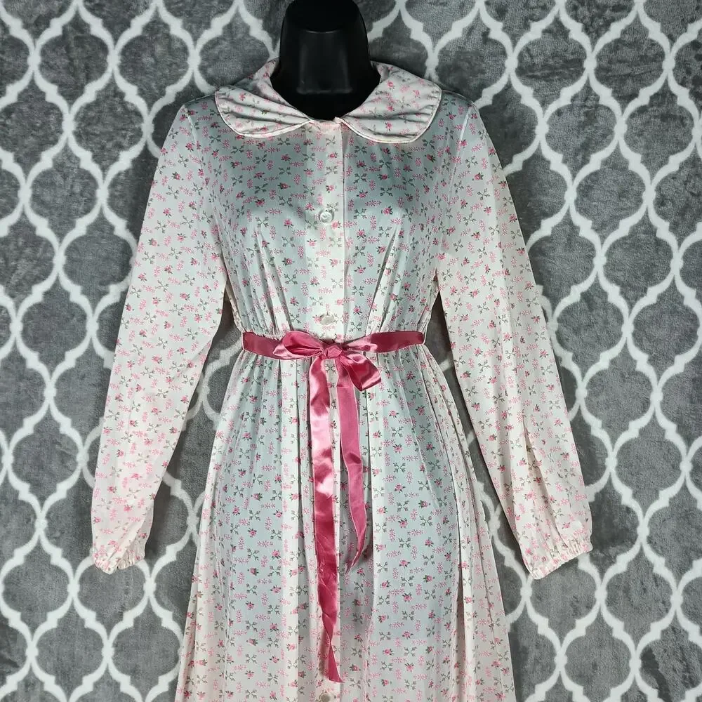 Jeri Morton Lingerie Nightgown Women Medium Pink Floral Long Sleeve Vintage 60s - Picture 11 of 14
